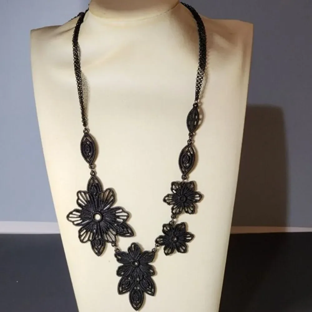Bold Black Floral Filigree Statement Necklace Lace Look Goth Whimsigoth